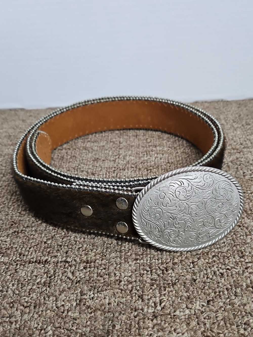 Genuine Leather Belt Dark Brown Silver Floral Belt Buckle Sz XXL